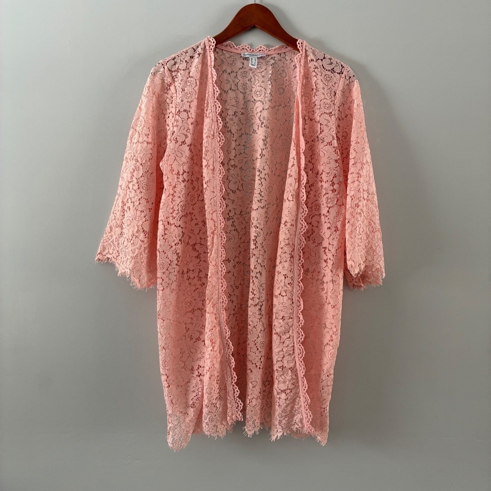 Isaac Mizrahi Live Womens Peach Pink Floral Lace Open Front Cardigan Duster M